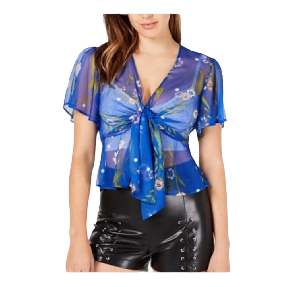 Guess Size XS Blue Maria Floral Sheer Tie Blouse